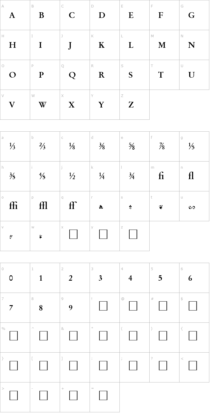 Character Map Garamand Classic Extras Bold Font