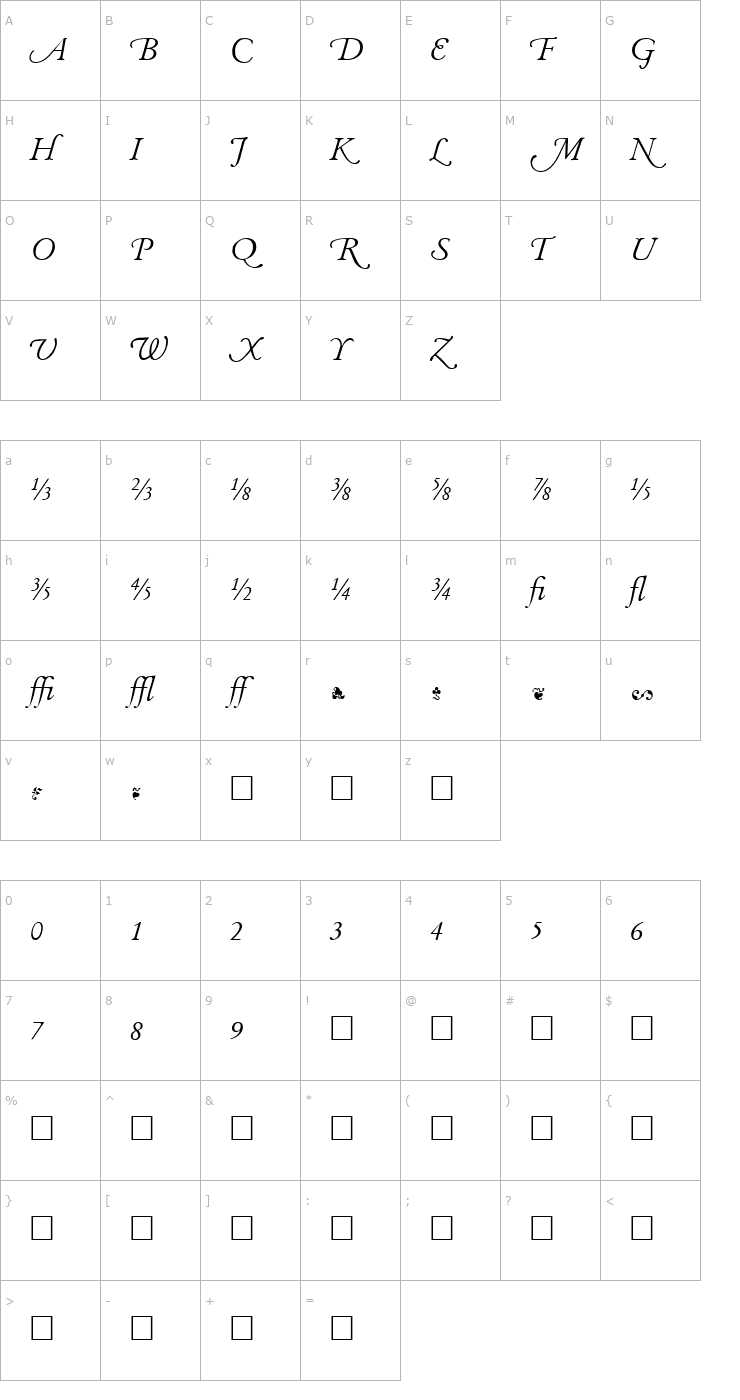 Character Map Garamand Classic Extras Book Italic Font