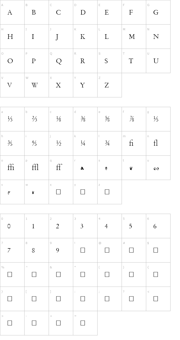 Character Map Garamand Classic Extras Light Font