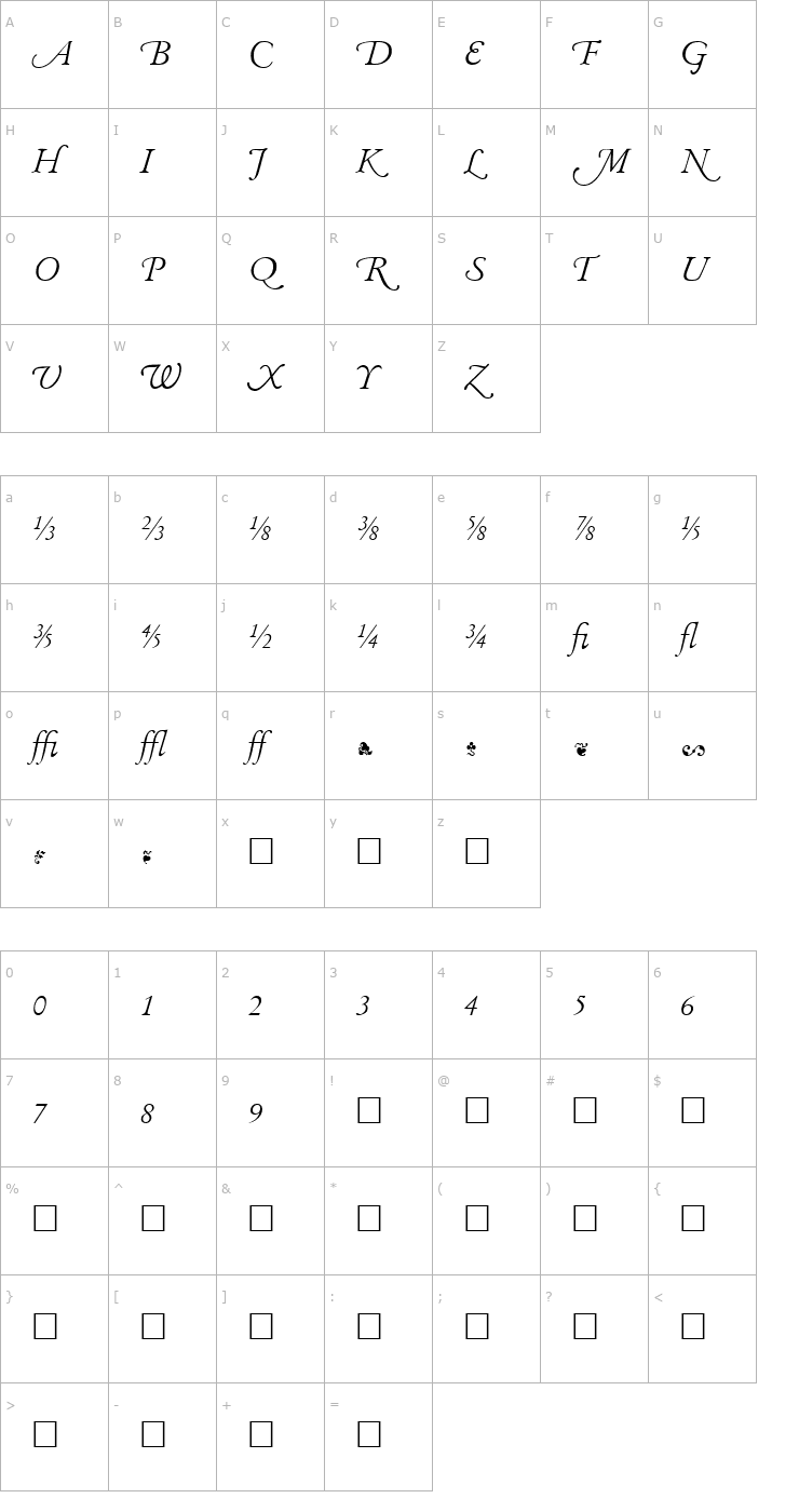 Character Map Garamand Classic Extras Light Italic Font