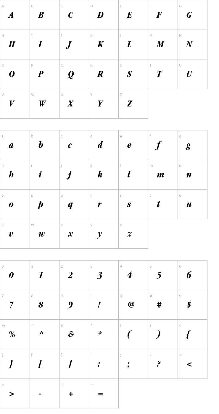 Character Map Garamond Black Condensed SSi Bold Condensed Italic Font