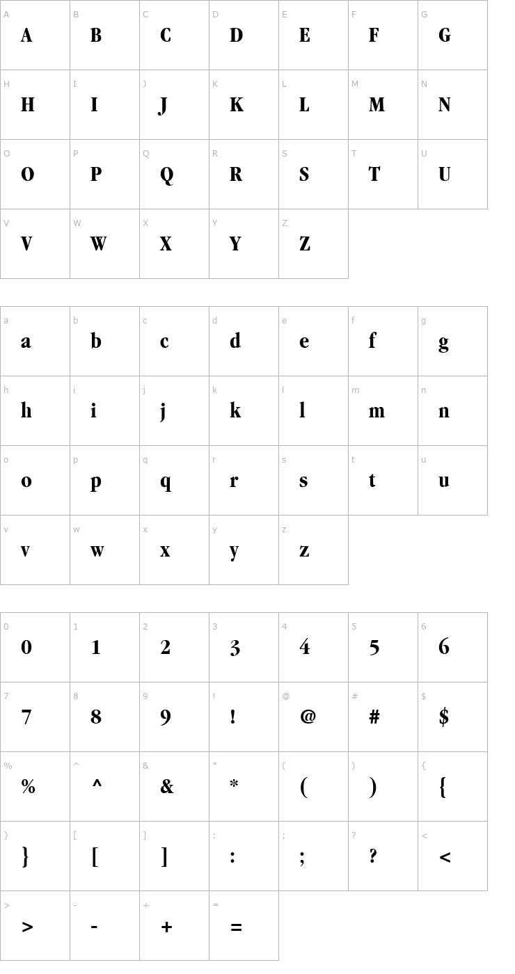 Character Map Garamond BoldCondensed Font