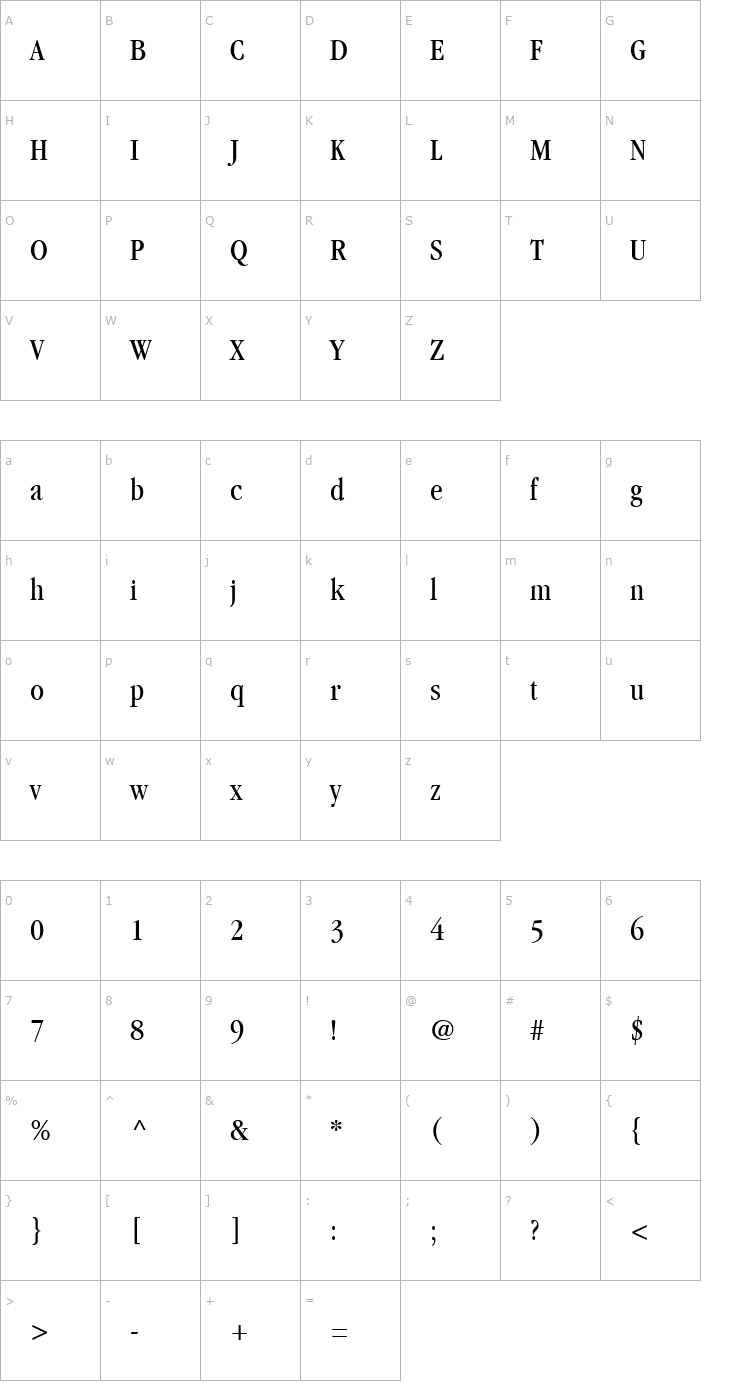 Character Map Garamond BookCondensed Font