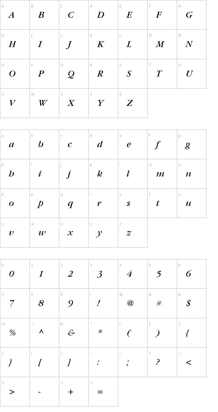 Character Map Garamond BookItalic Font