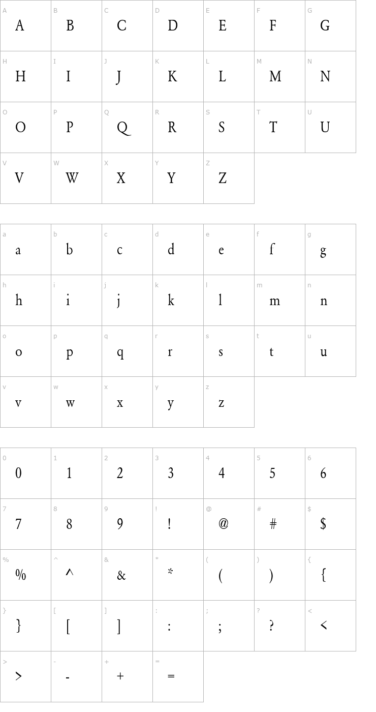 Character Map Garamond-Normal Thin Font