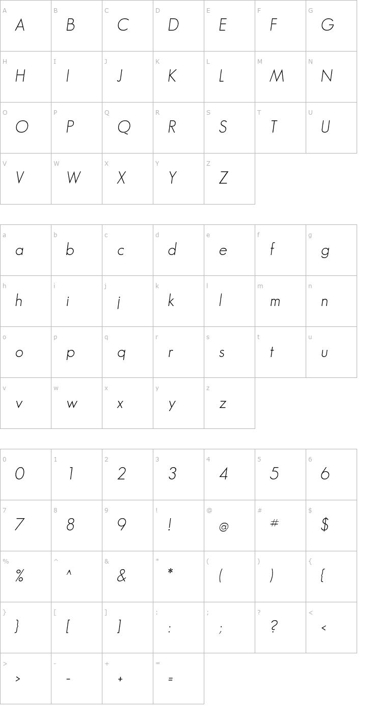 Character Map GeosansLight-Oblique Font