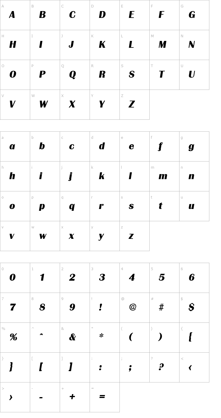 Character Map Grenoble-ExtraBoldIta Font