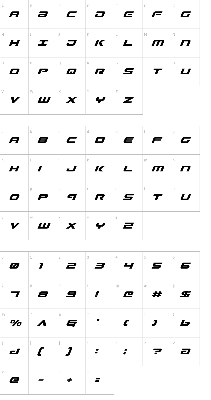 Character Map Gunship Italic Font