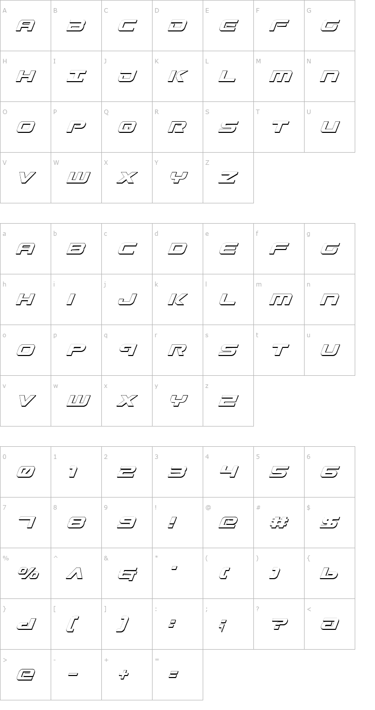 Character Map Gunship Shadow Italic Font