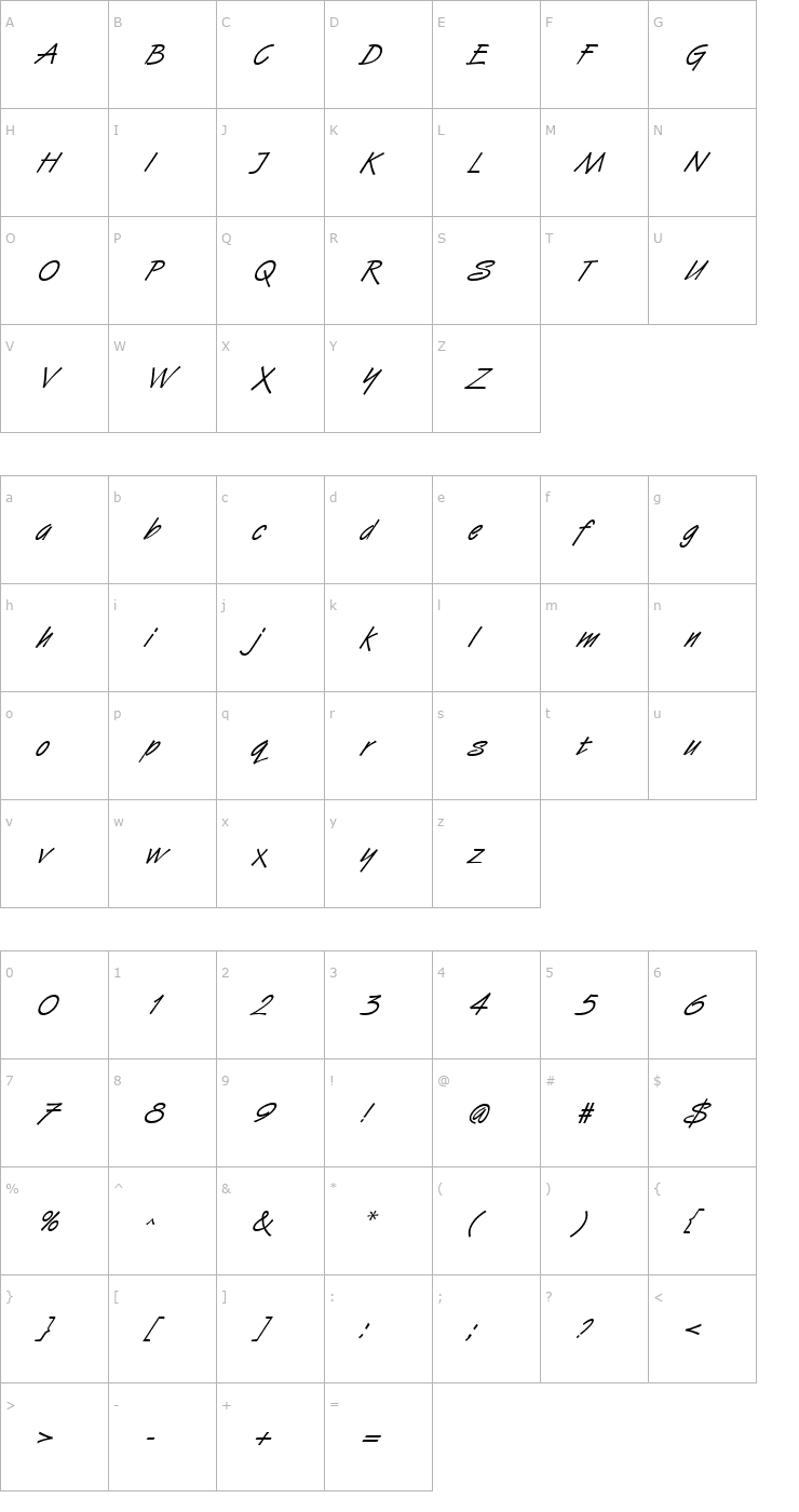 Character Map HandStroke Italic Font