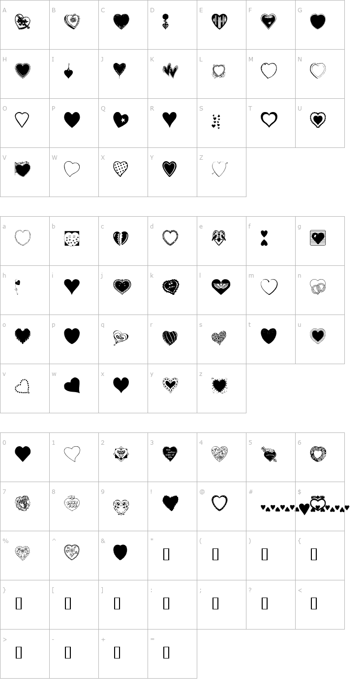 Character Map Hearts Galore Font