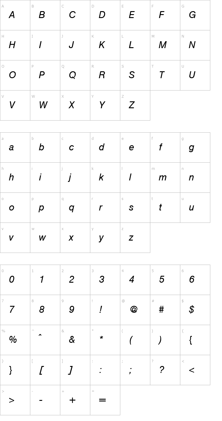 Character Map Hegel-RegularItalic Font