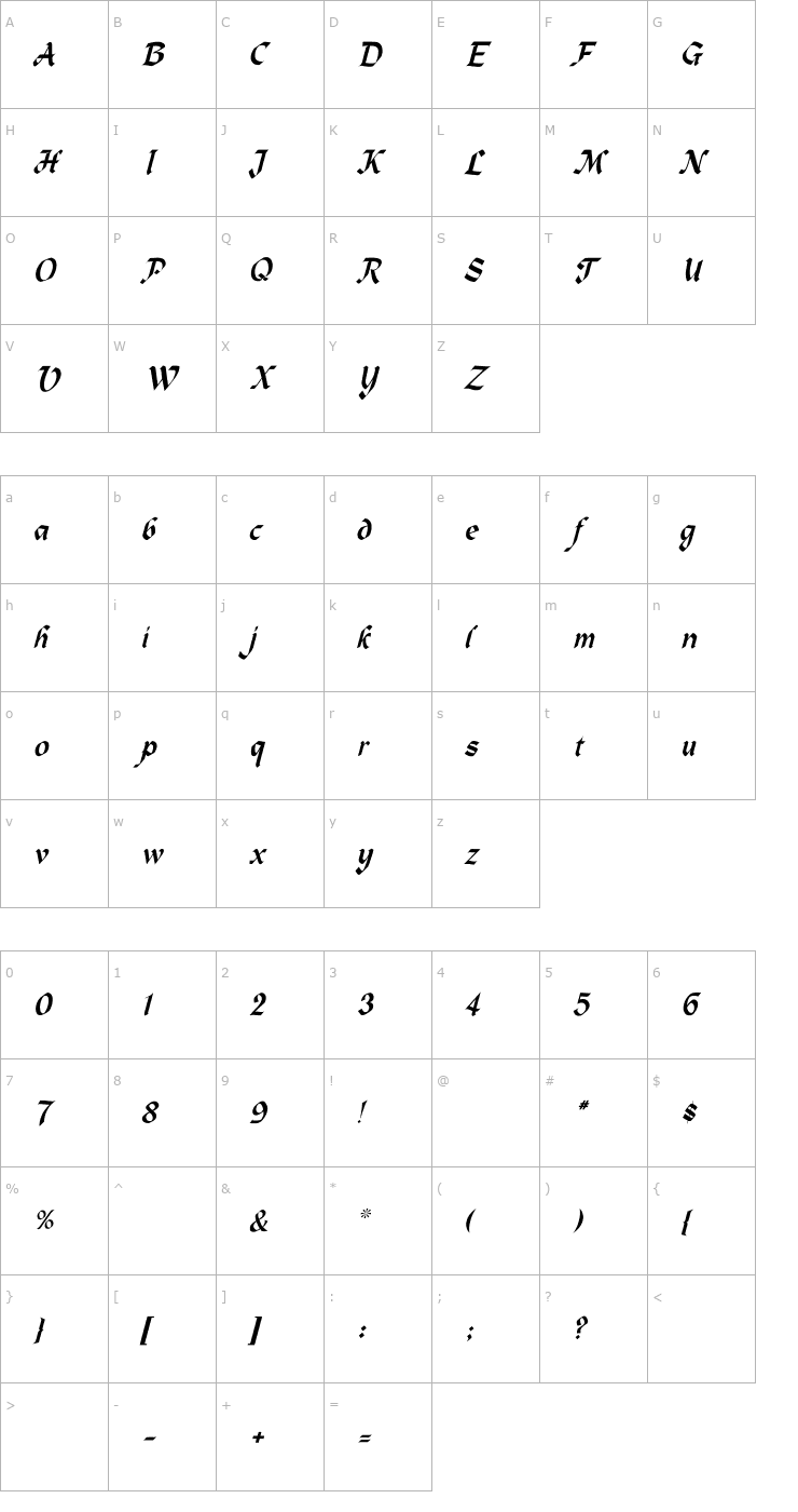 Character Map Heidelbe-Normal Italic Font