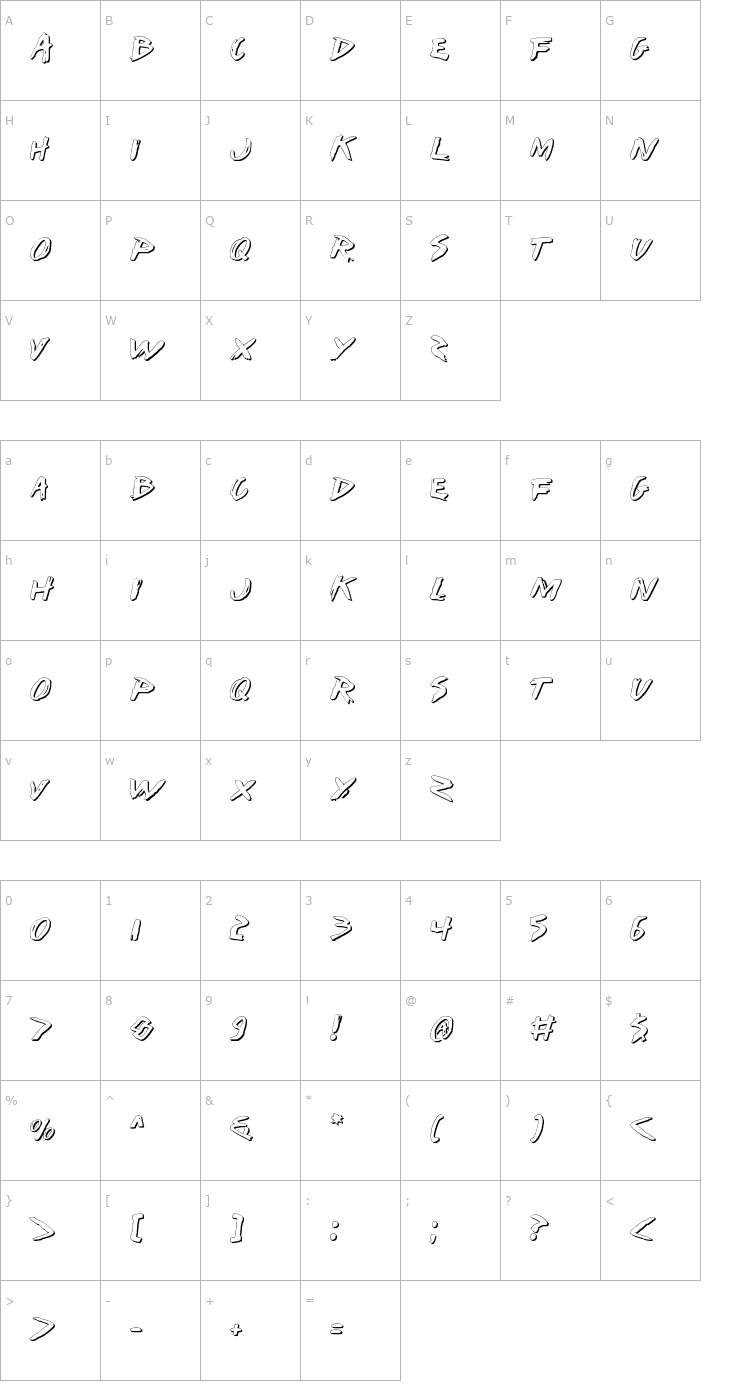 Character Map I Want My TTR! Shadow Font