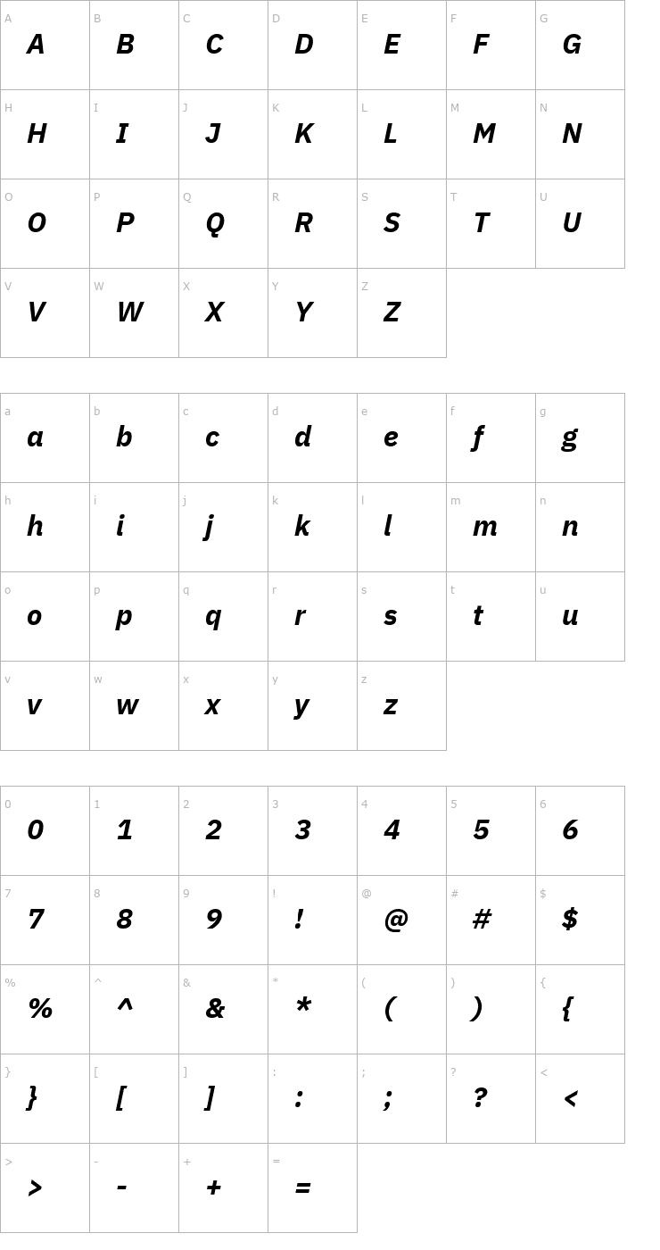 Character Map IBM Plex Sans Bold Italic Font