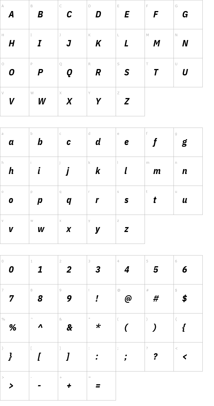 Character Map IBM Plex Sans Condensed Bold Italic Font