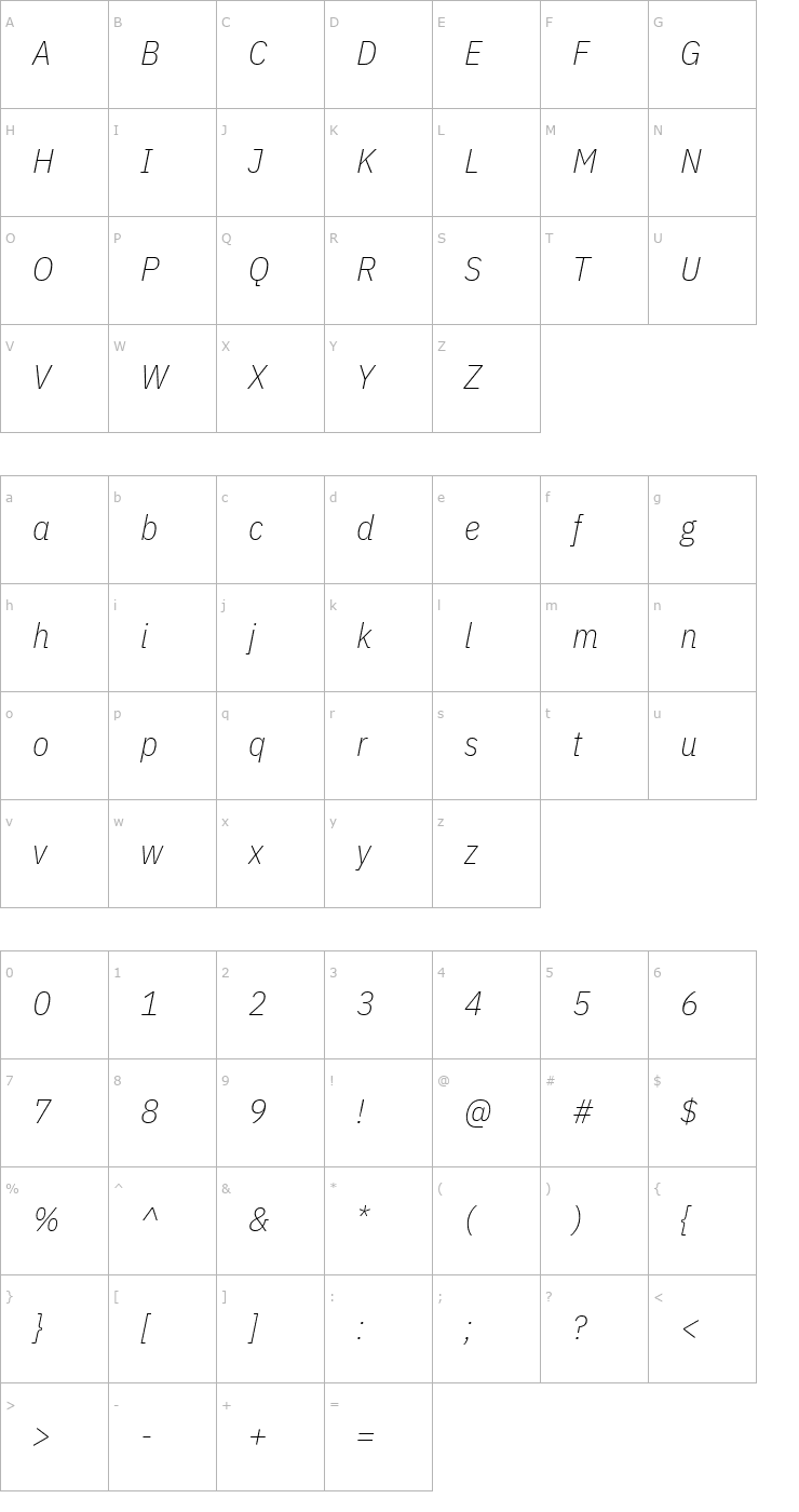 Character Map IBM Plex Sans Condensed ExtraLight Italic Font