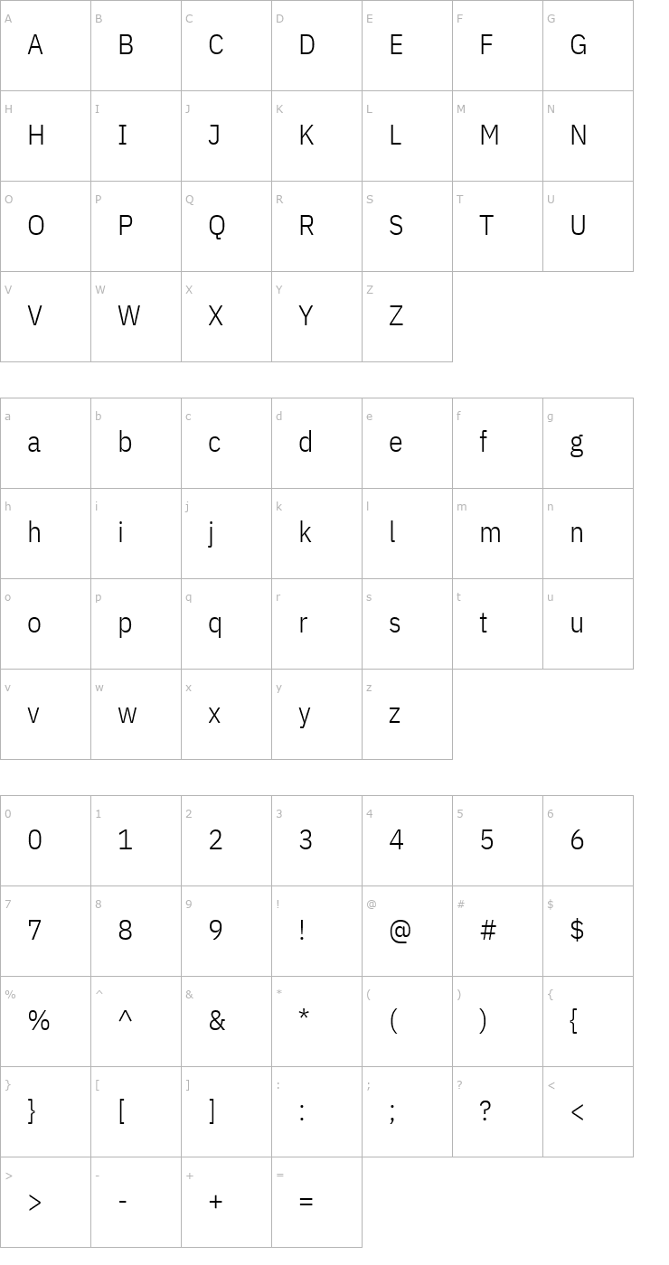 Character Map IBM Plex Sans Condensed Light Font