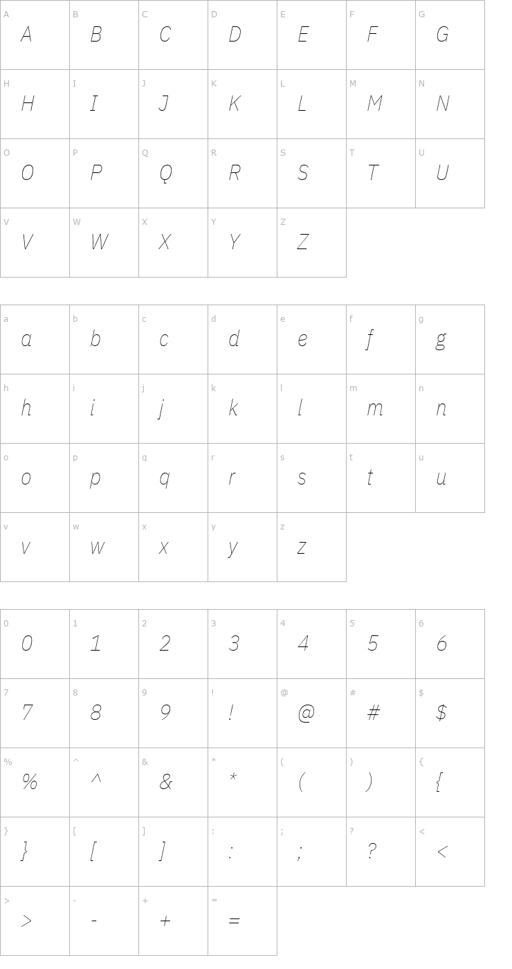 Character Map IBM Plex Sans Condensed Thin Italic Font