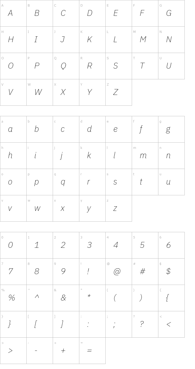 Character Map IBM Plex Sans ExtraLight Italic Font