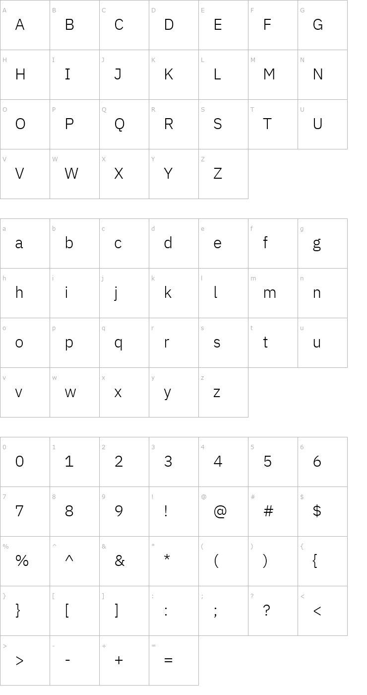 Character Map IBM Plex Sans Light Font