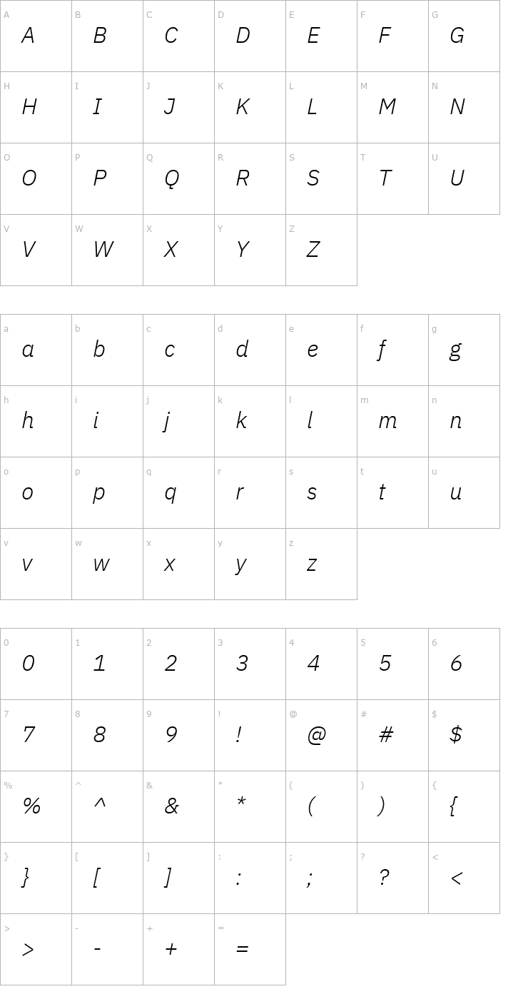 Character Map IBM Plex Sans Light Italic Font