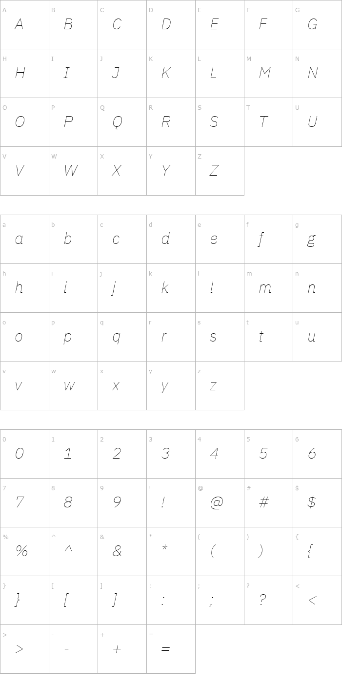 Character Map IBM Plex Sans Thin Italic Font