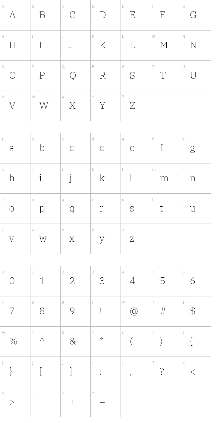 Character Map IBM Plex Serif ExtraLight Font