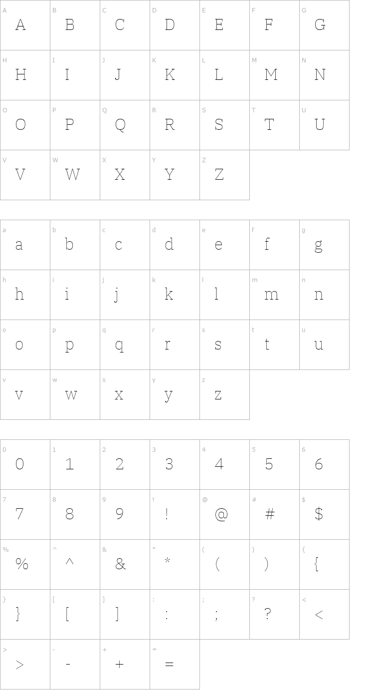 Character Map IBM Plex Serif Thin Font