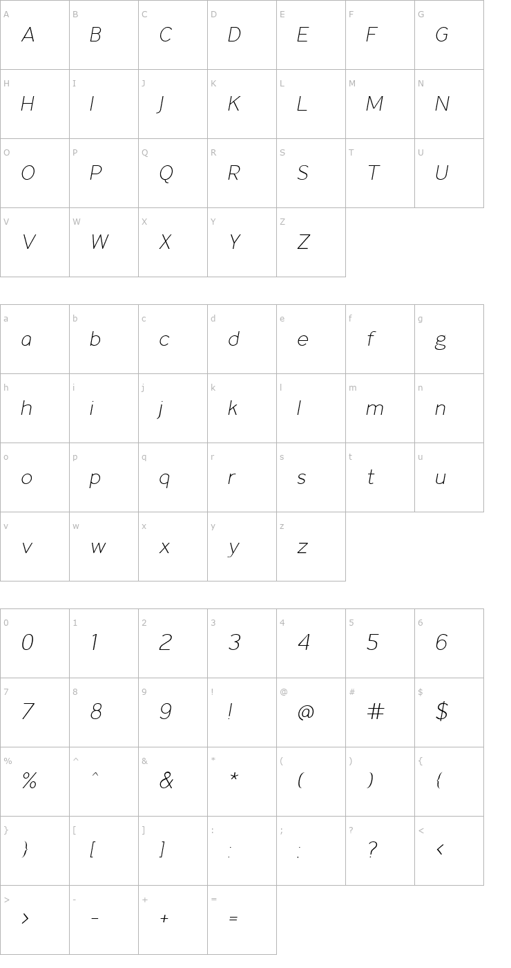 Character Map IdentikalSans LightItalic Font