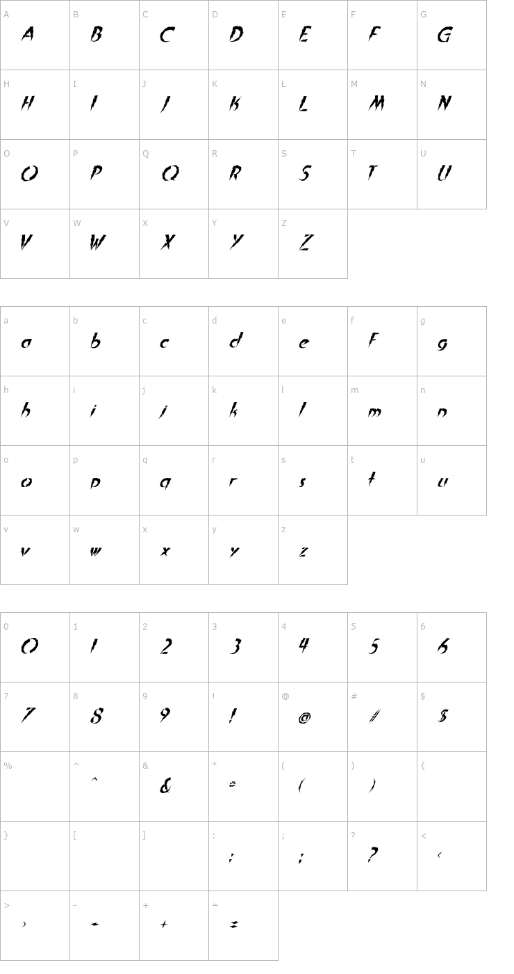 Character Map In A Flash Italic Font