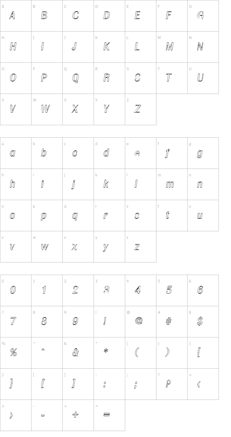 Character Map JesseBeckerOutline-Italic Font