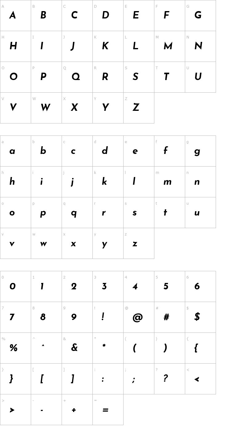 Character Map Josefin Sans Bold Italic Font