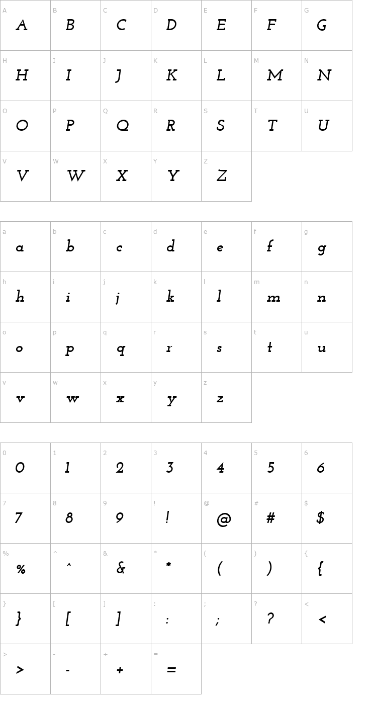 Character Map Josefin Slab Bold Italic Font