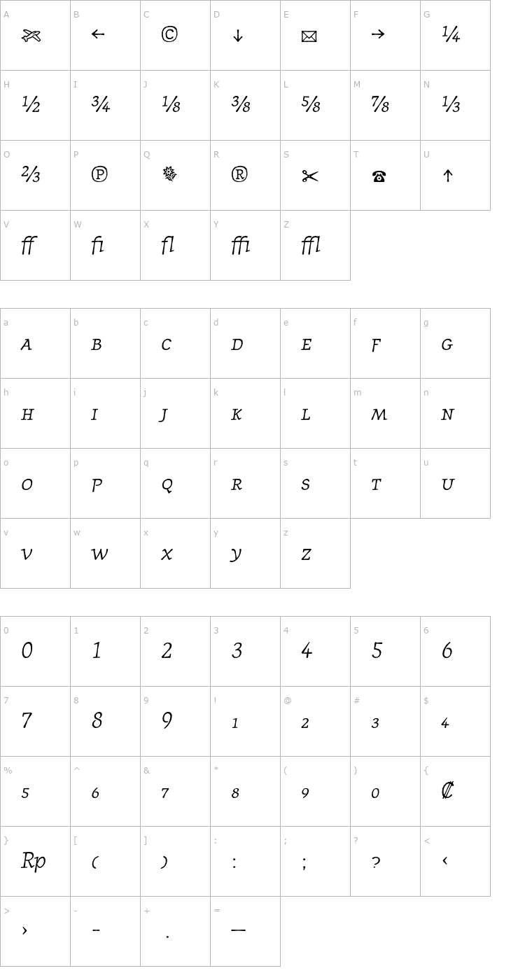 Character Map JournalItalicFractions Font