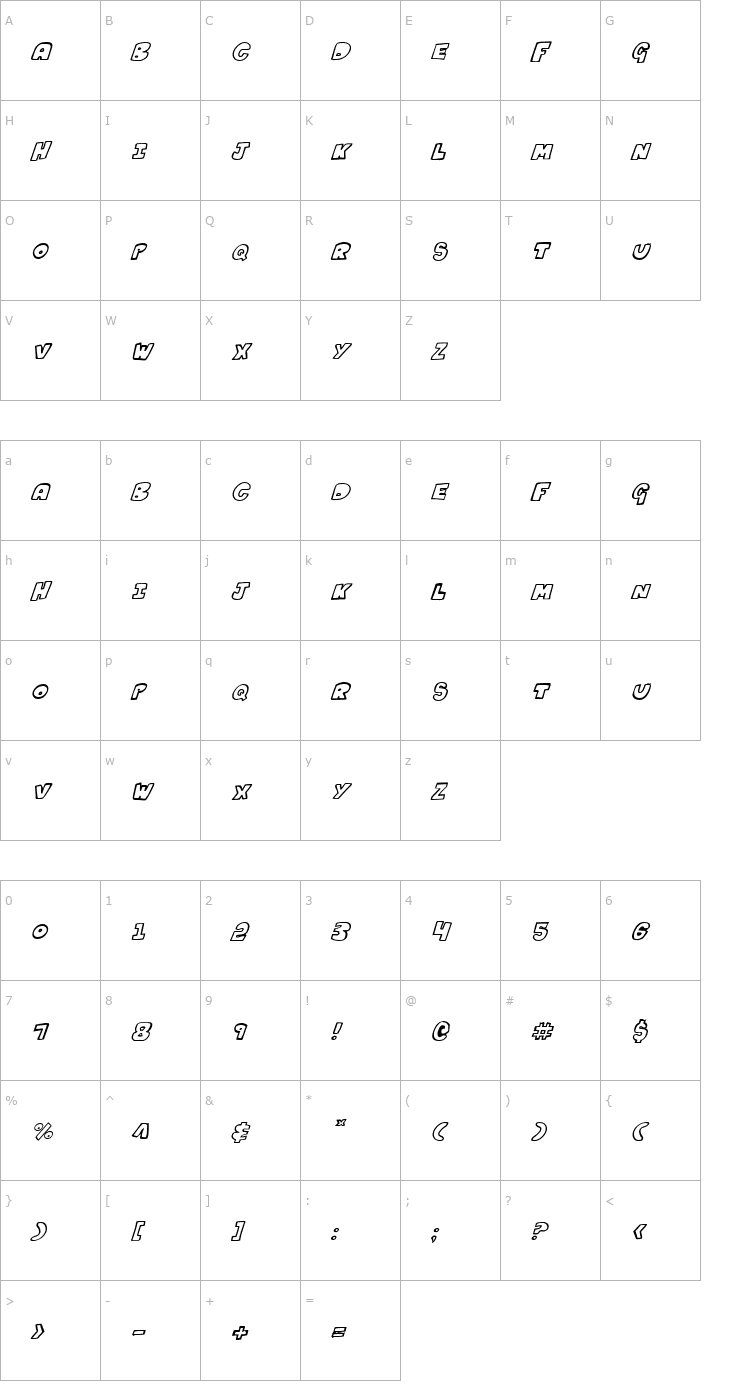 Character Map Kartoons Italic Font