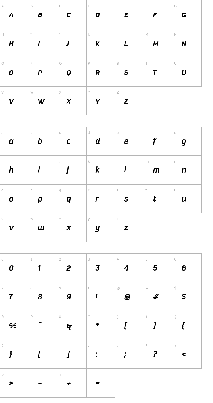 Character Map Kautiva Uni Bold Italic Font