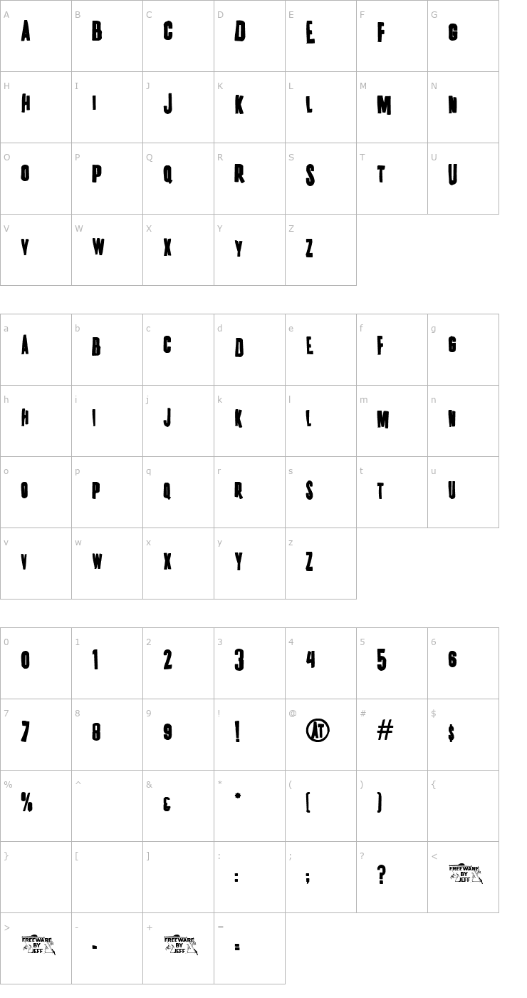 Character Map K.P. Duty - Frazzled JL Font