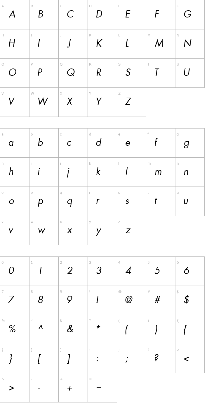 Character Map KudosBookSSK Italic Font