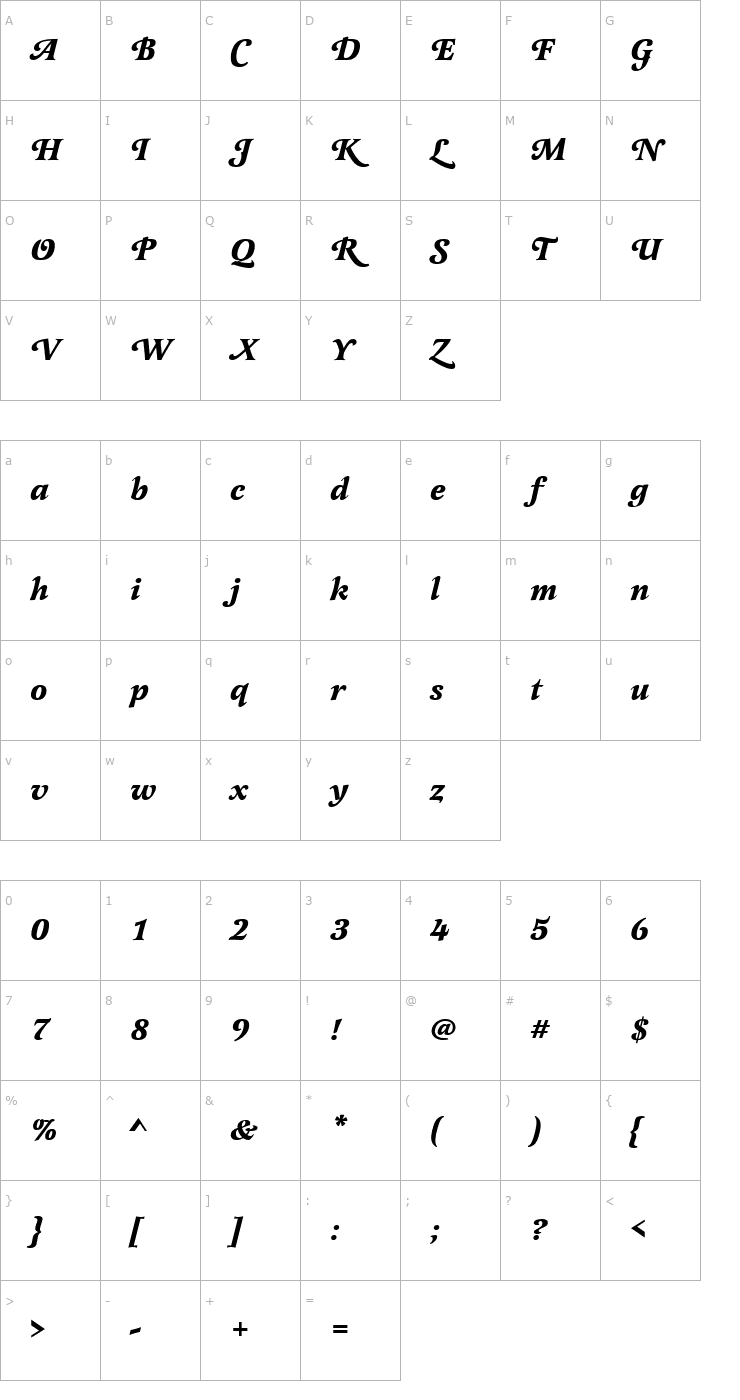 Character Map Latienne_Becker_Swash_Alt_Bold_Italic Font