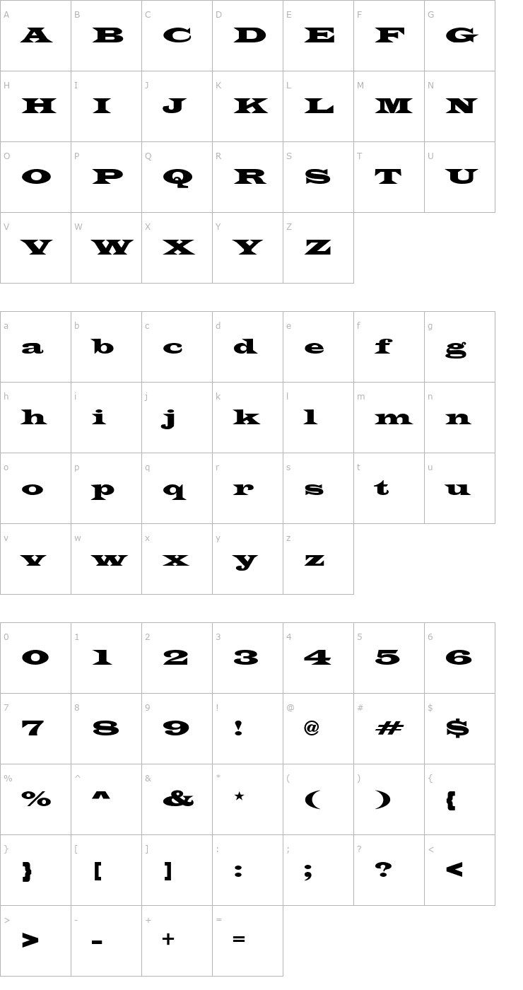 Character Map Latin Wide Normal Font