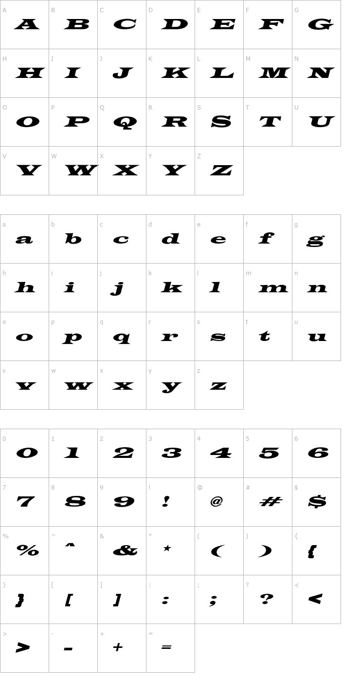 Character Map Latin-WideExtObl-Normal Font