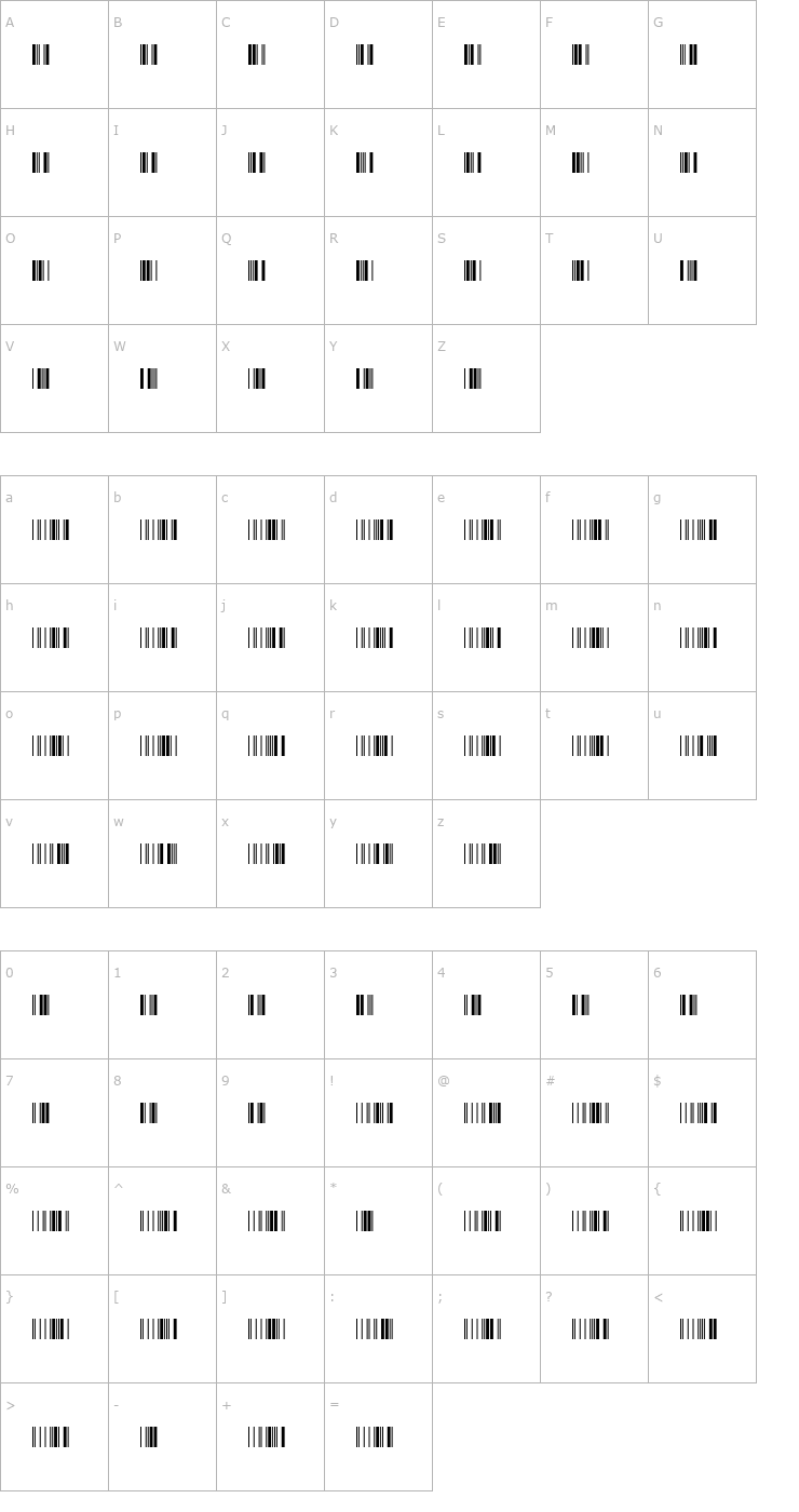 Character Map Libre Barcode 39 Extended Font