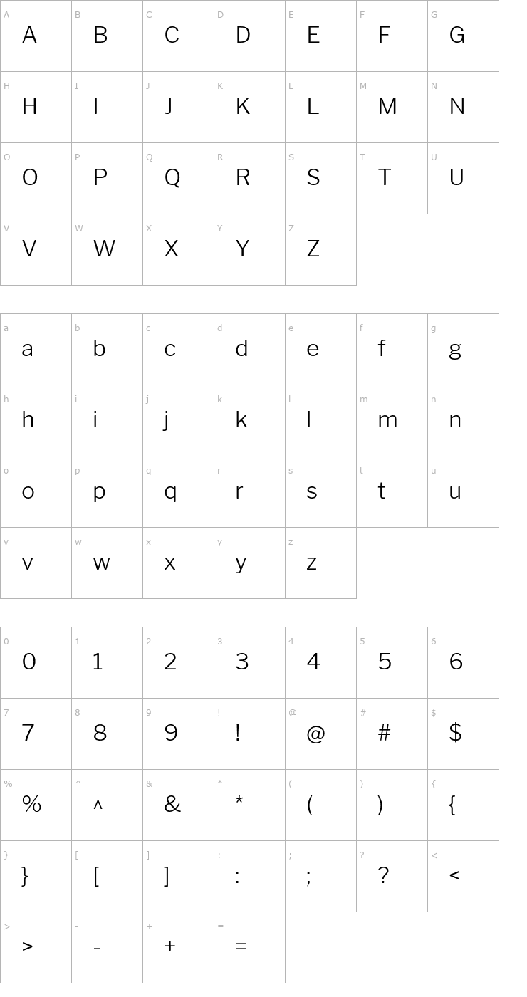 Character Map Libre Franklin Light Font