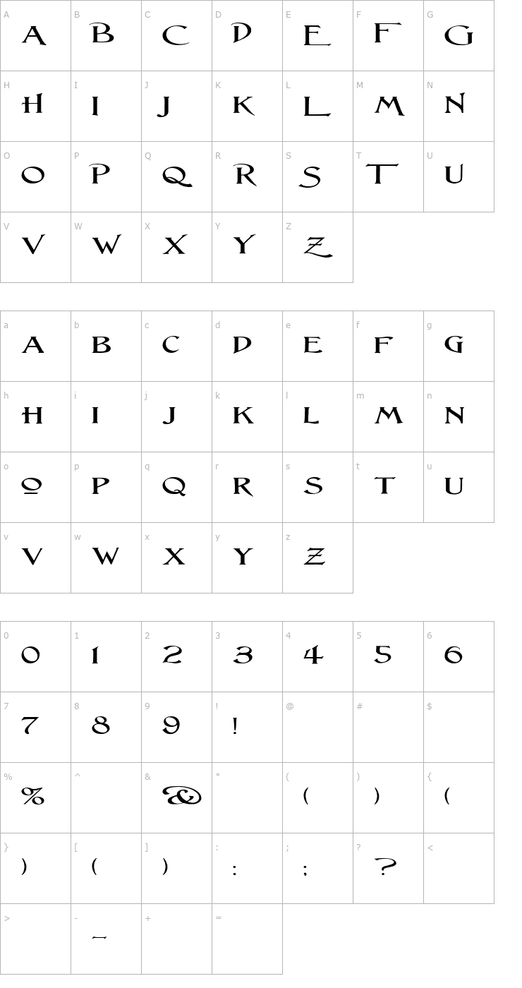 Character Map Lightfoot Wide Expanded Regular Font