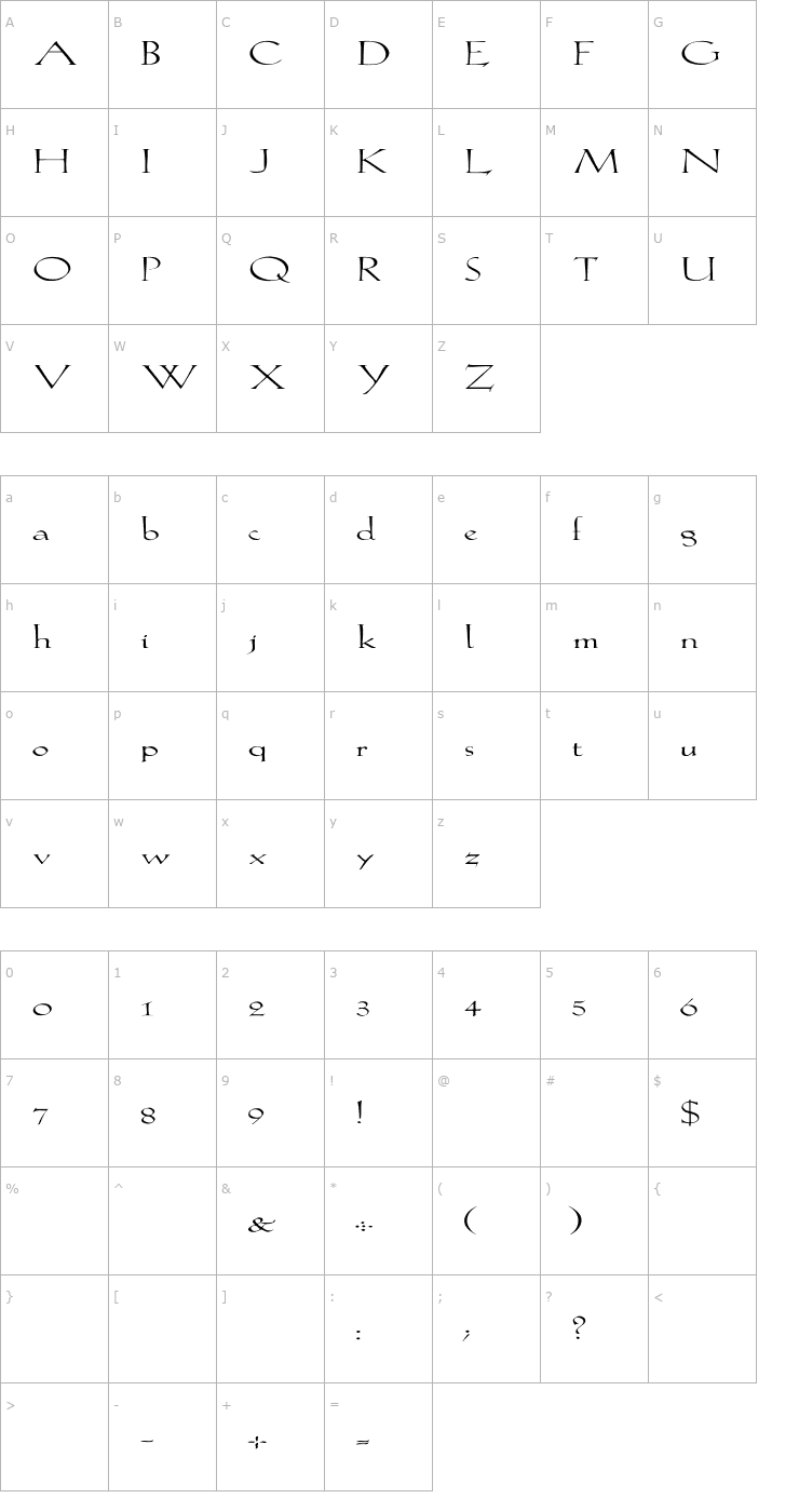 Character Map Lilith-Light Ex Font