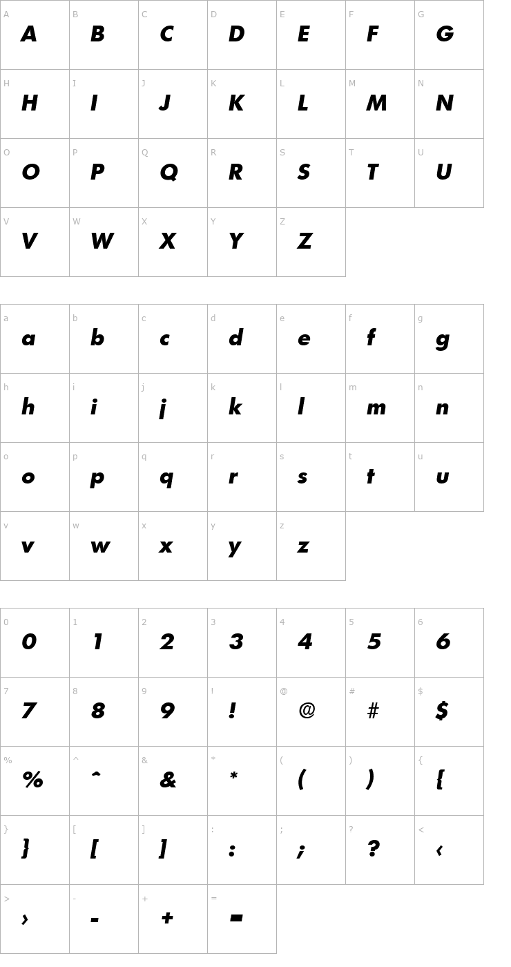 Character Map Limerick-Serial-ExtraBold-RegularItalic Font