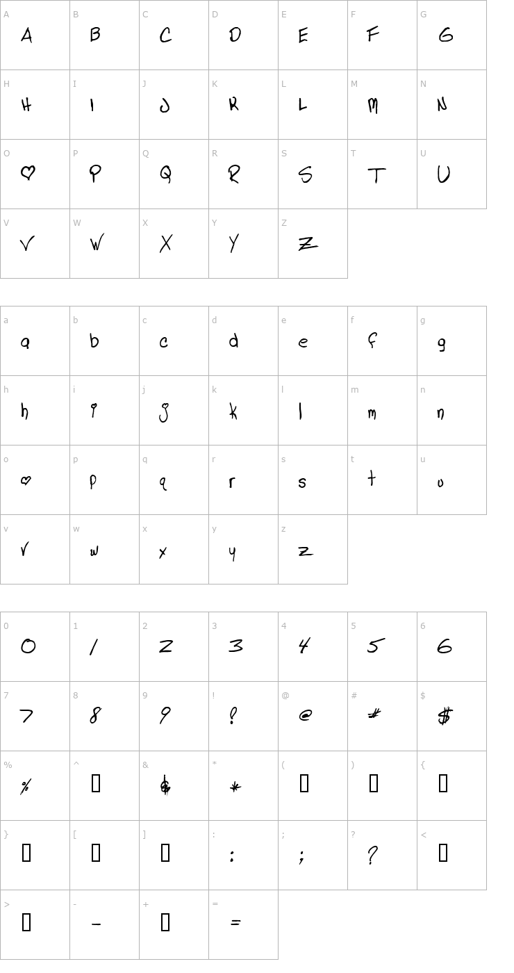 Character Map Linda's Lament Font