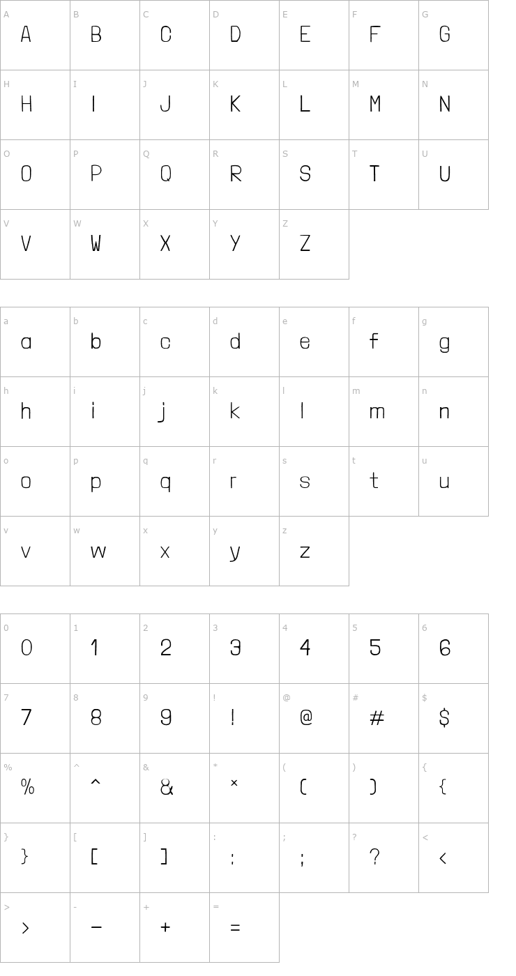 Character Map Londrina Solid Thin Font