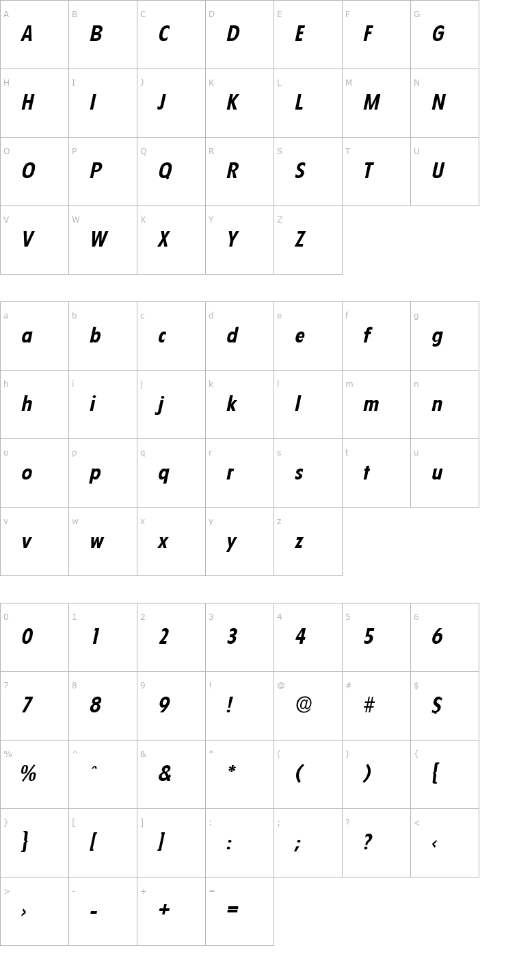 Character Map LuisBecker Bold Italic Font